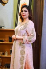 Pale pink formal dress with chiffon jamawar shirt and sharara – front view